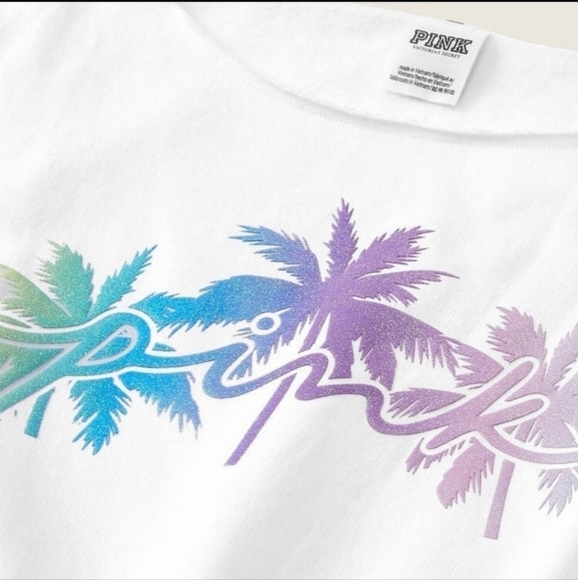 PINK Victoria's Secret Sweatshirt - White with Pastel Palm Design - Picture 4 of 7